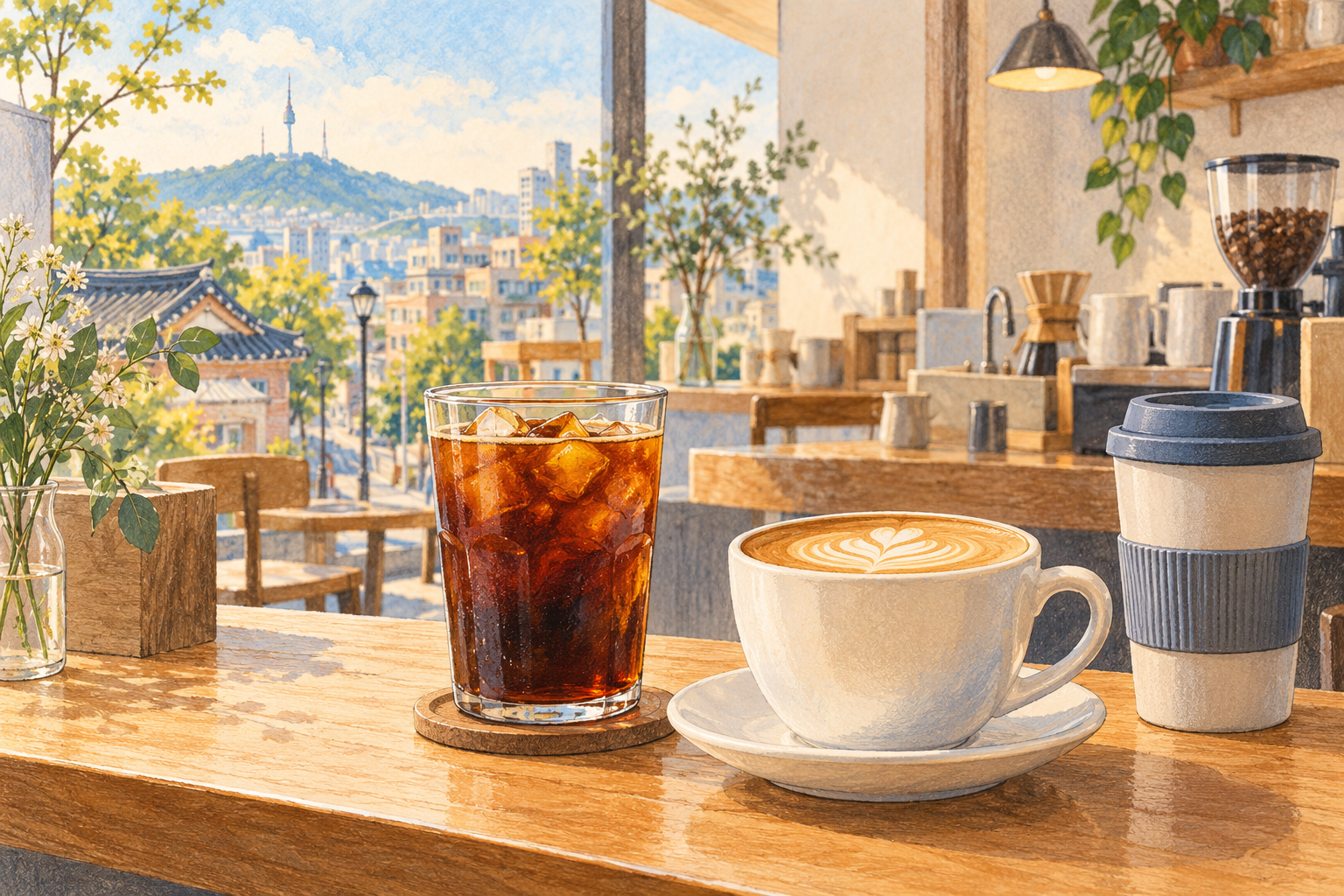 AI illustration of iced coffee, a latte and a reusable cup in a Korean cafe