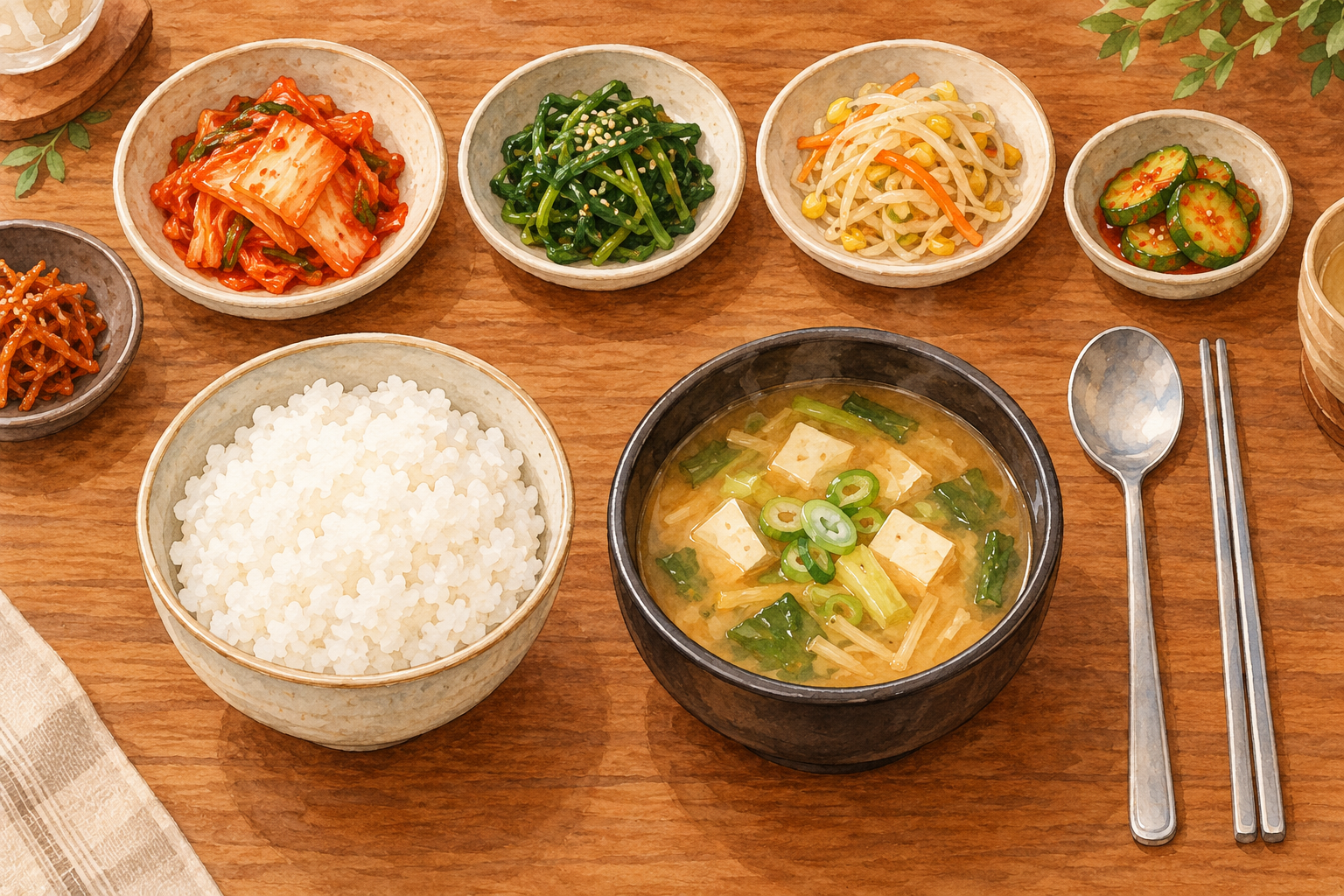 Watercolor illustration of rice, soup, side dishes, a spoon and chopsticks on a Korean dining table
